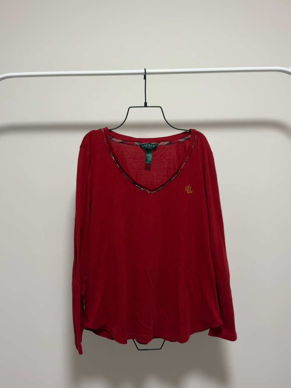 Ralph Lauren Red V-Neck Long Sleeve Top with Plaid Trim